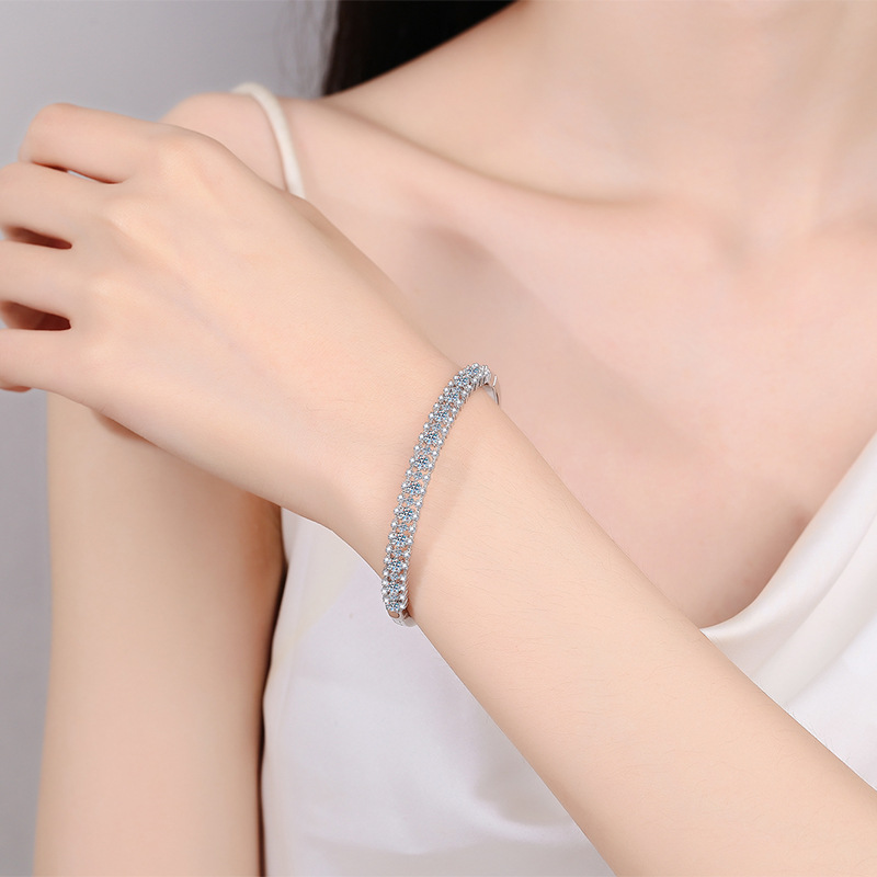Chic Bridal Accessory Sparkling Sterling Silver & Platnum-Painted Full Moissanite Link Bangle