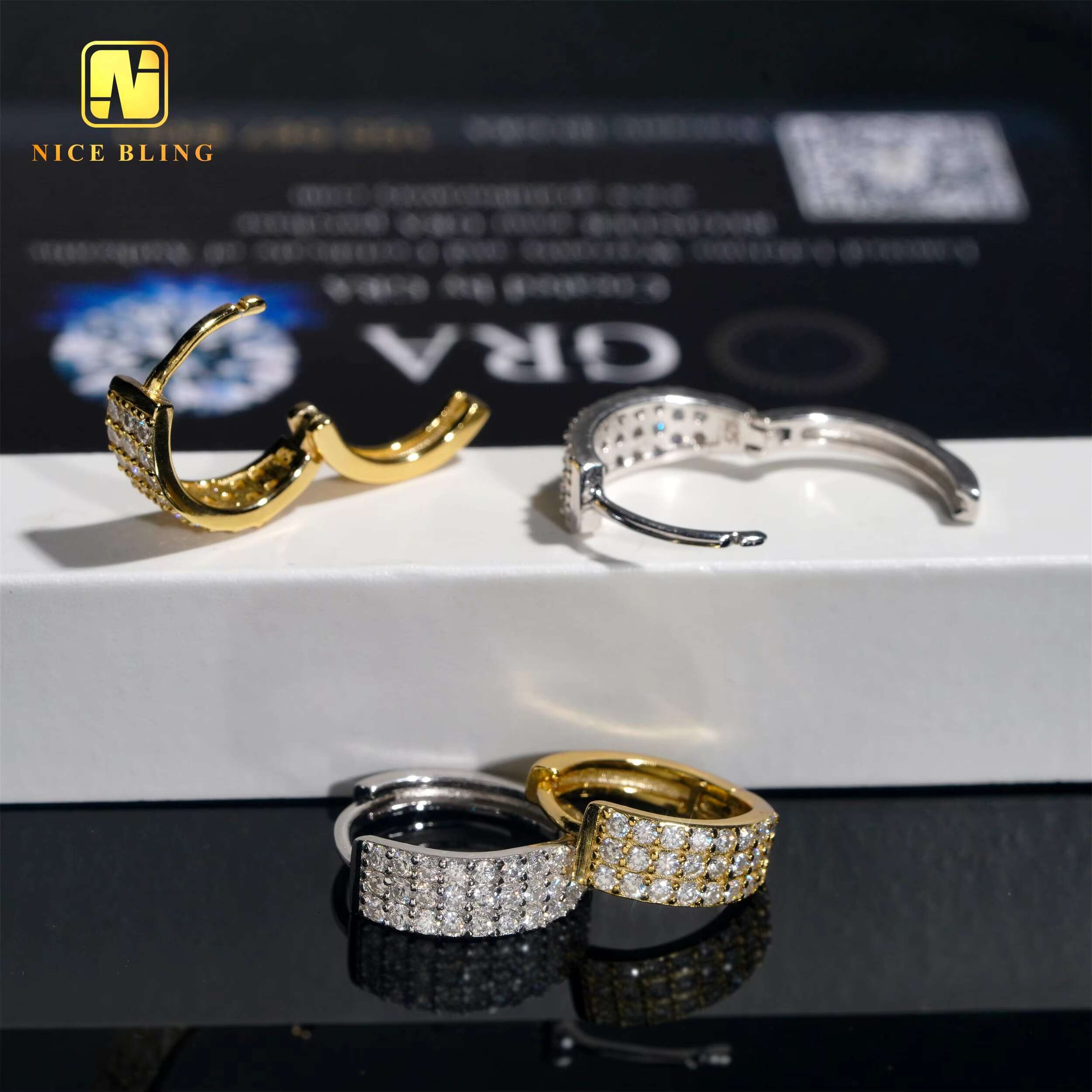 18K Gold Plated Moissanite Earrings Hip Hop Fashion Jewelry 925 Silver 3 Rows Lab Diamond Hoop Earrings for Men Women
