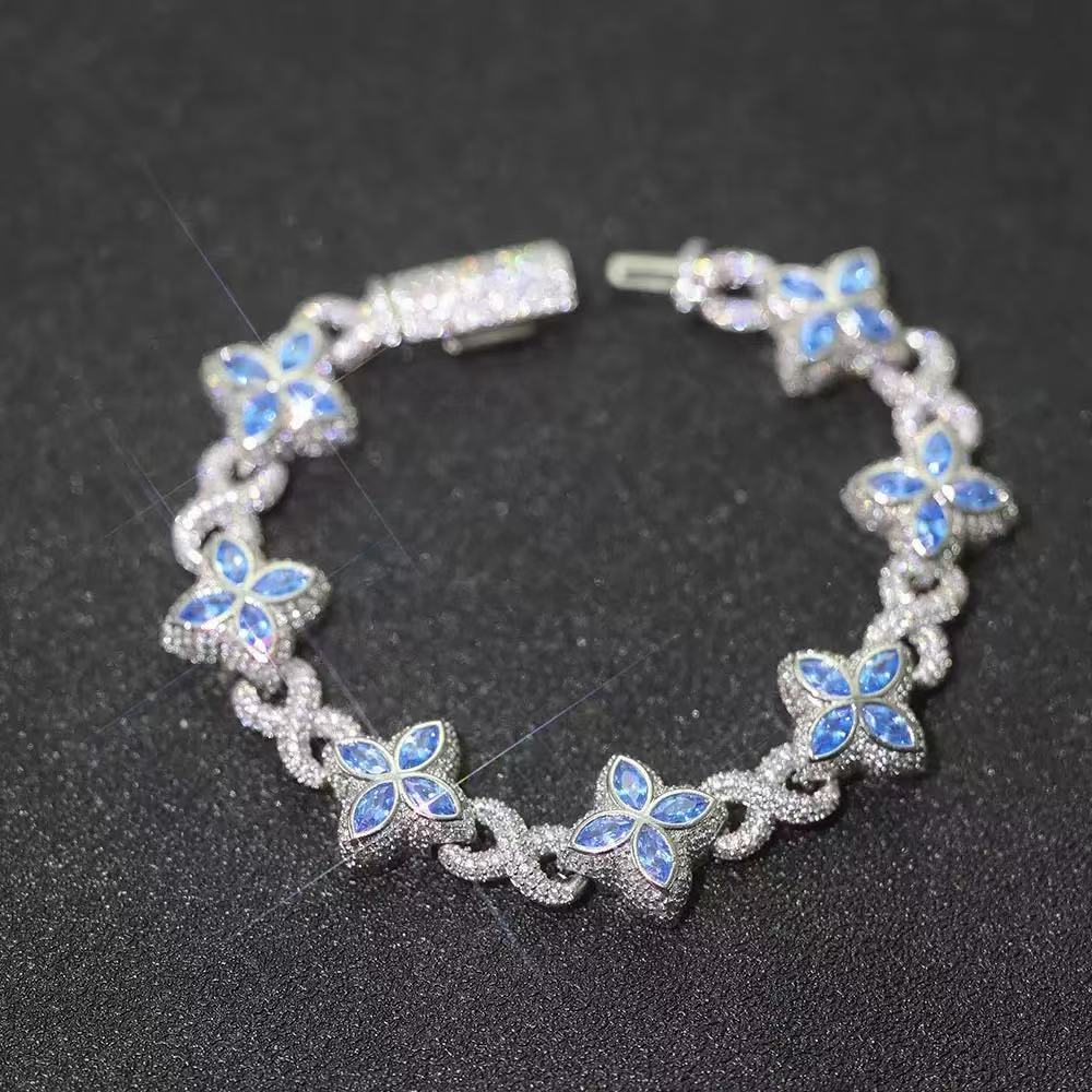 Moissanite Jewelry Clover Bracelet Green Pink Diamond S925 Silver Gold Plated Cuban Moissanite Bracelet With GRA Certificate