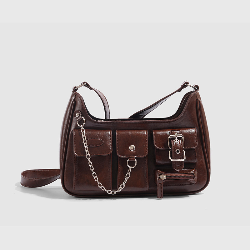 designer Niche Design Cool and Stylish Motorcycle Bag Multi-pocket Black Versatile Commuter Shoulder Crossbody Bag Solid Color Hot Girl Chain Bag