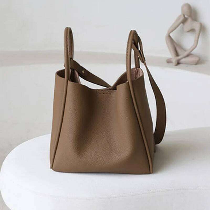 Fashion Female Genuine Leather Shoulder Bags Women Handbag Solid Color Lady Bucket Messenger Bag With Removable Inner Purse New