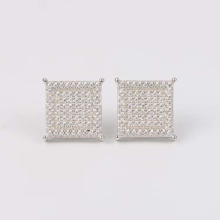 Hip Hop 925 Sterling Silver Iced Out D Color VVS Moissanite Earrings Screw Back Geometric Square Shape Ear Studs