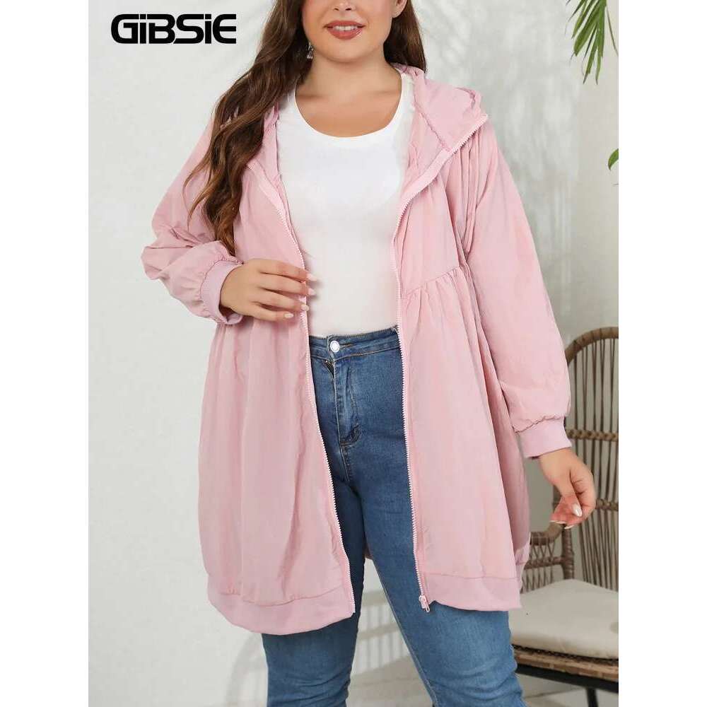 GIBSIE Plus Size Womens Casual Jackets 2023 Spring Autumn Fashion Loose Drawstring Hooded Long Sleeve Zip Up Coat Outwear High quality, fashionable, l