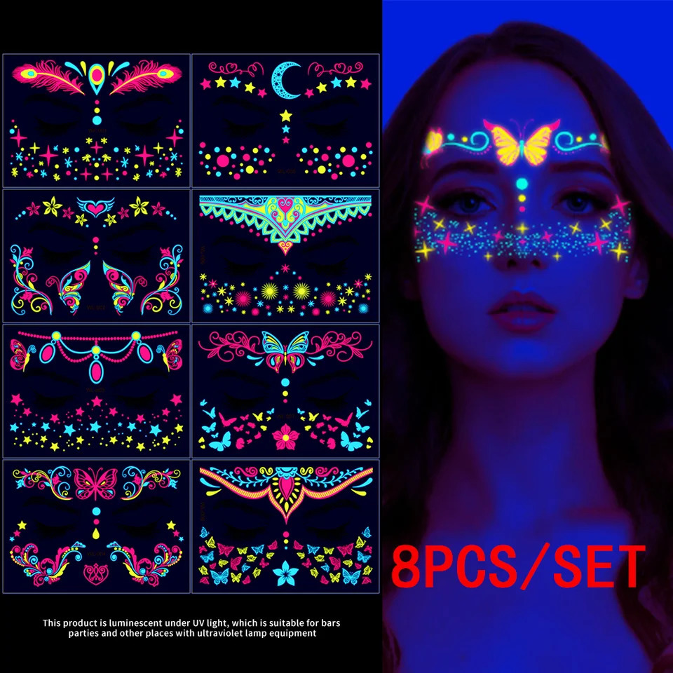 481224Pcs Fluorescent Face Stickers Flower Waterproof Glowing Temporary Tattoo Sticker For PartyMusic Festival Face Decals * 250530