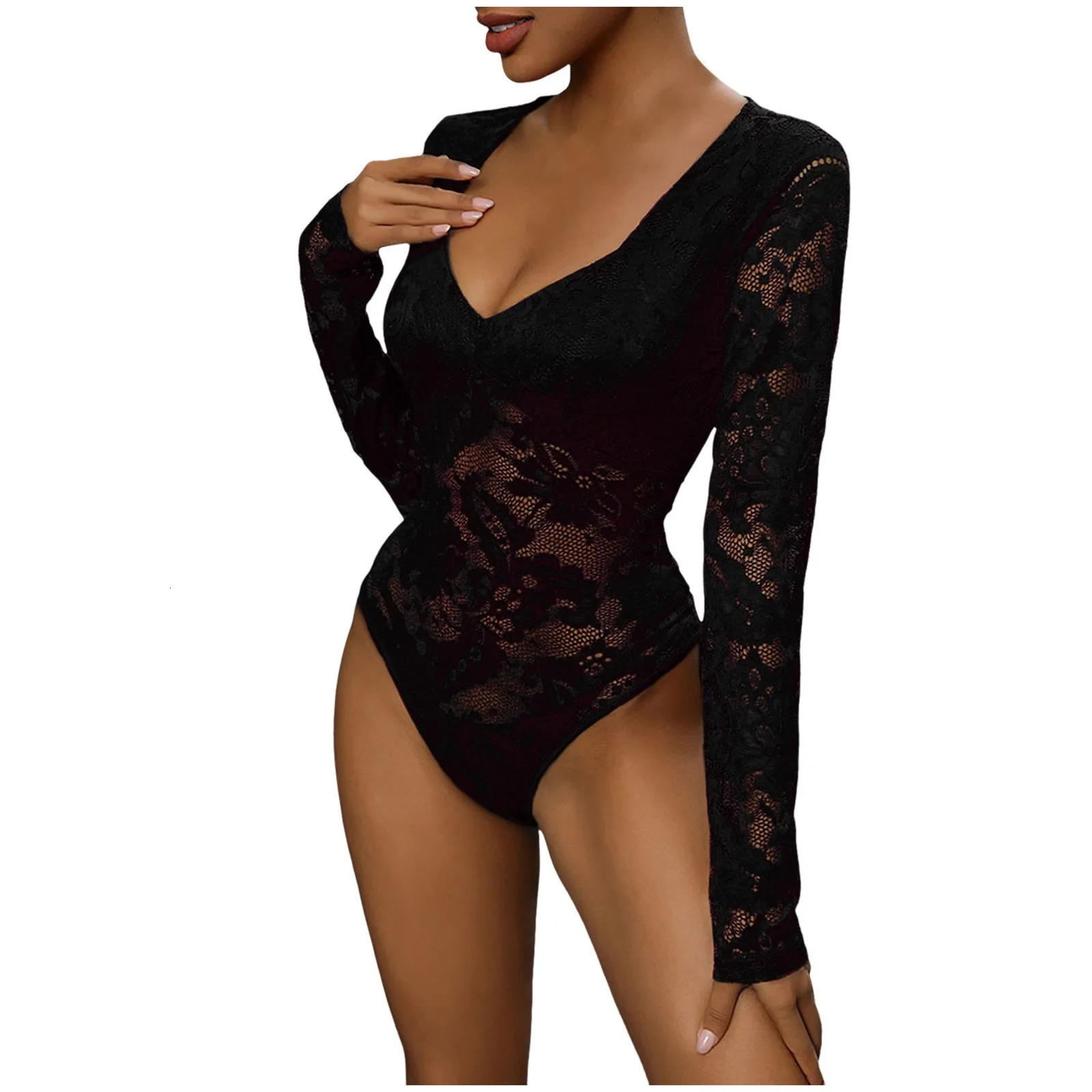 Womens Solid Color Mesh Stitching Lace Pattern Slim Fit And Thin Texture All Purpose Inner Jumpsuit Knit Jumpsuit Women 250527