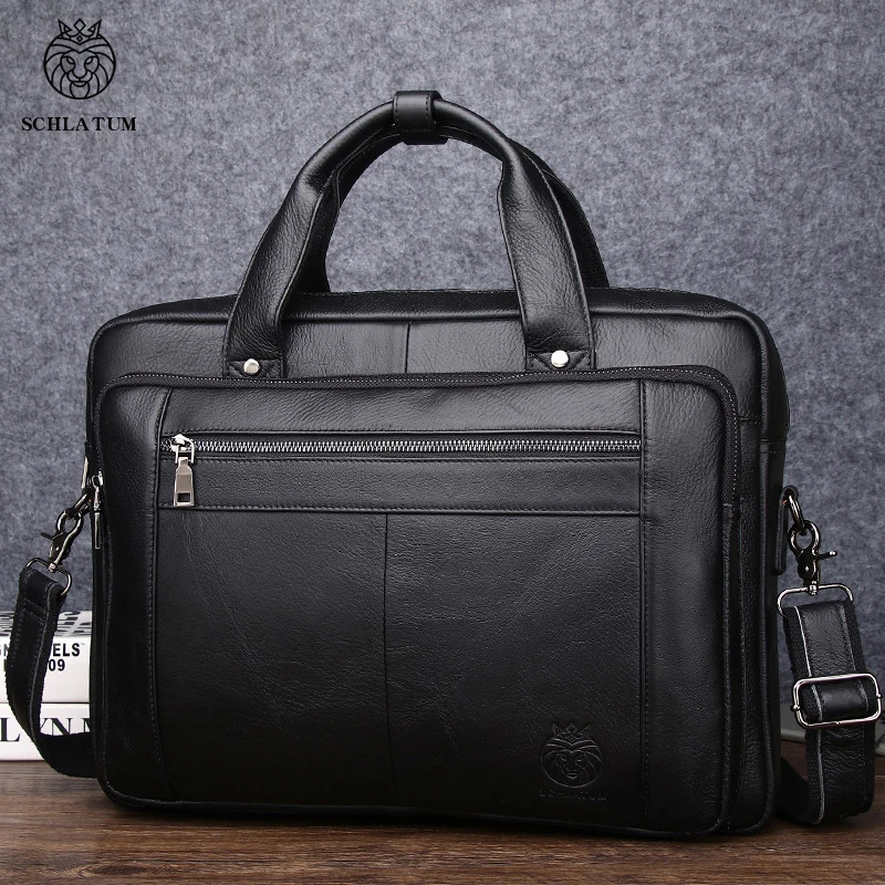 SCHLATUM Genuine Leather Bussiness Briefcases Black for Men handbags Laptop Briefcase Bags 16 inch Office Computer bag 250526