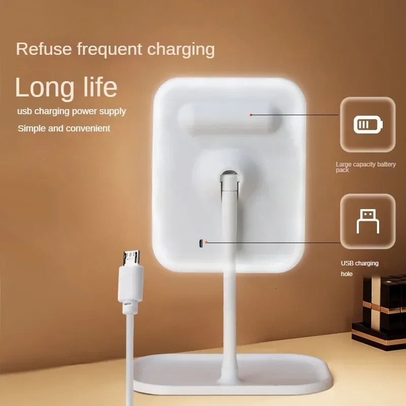 Led Light Mirror Makeup Intelligent Adjustable 3color Vanity Mirror Desktop Fill Light Mirror One Touch Charging Model 250530