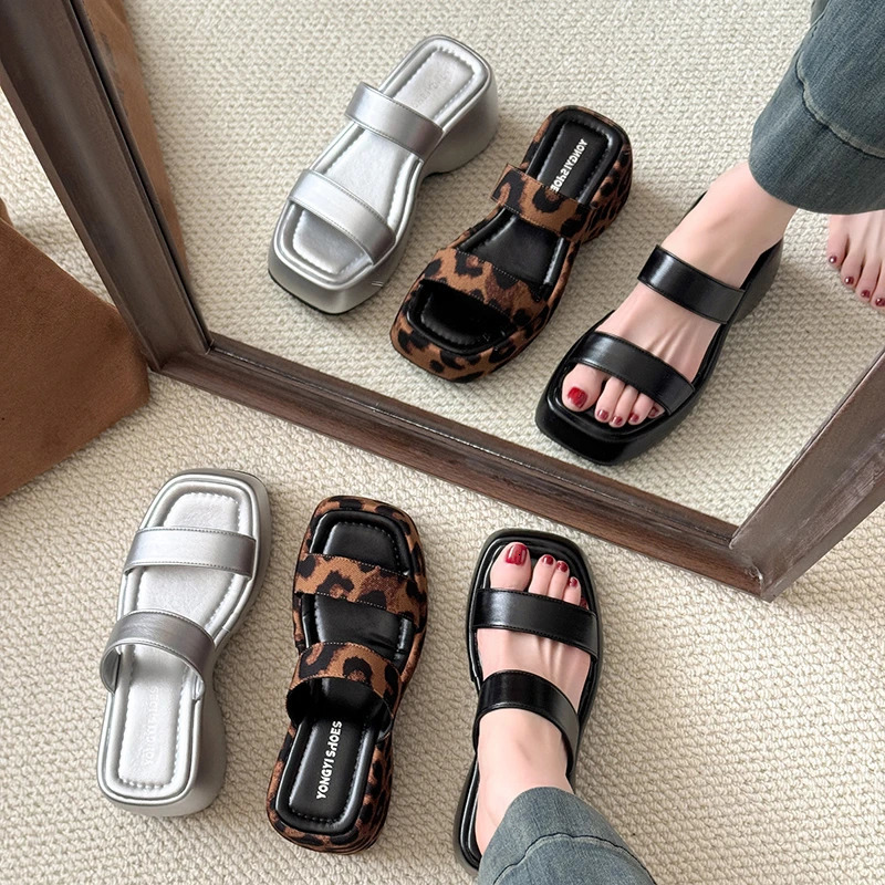 Summer Leopard Womens Platform Wedges Heel Slippers Fashion Narrow Band Slides Outdoor Open Toe Footwear 250528