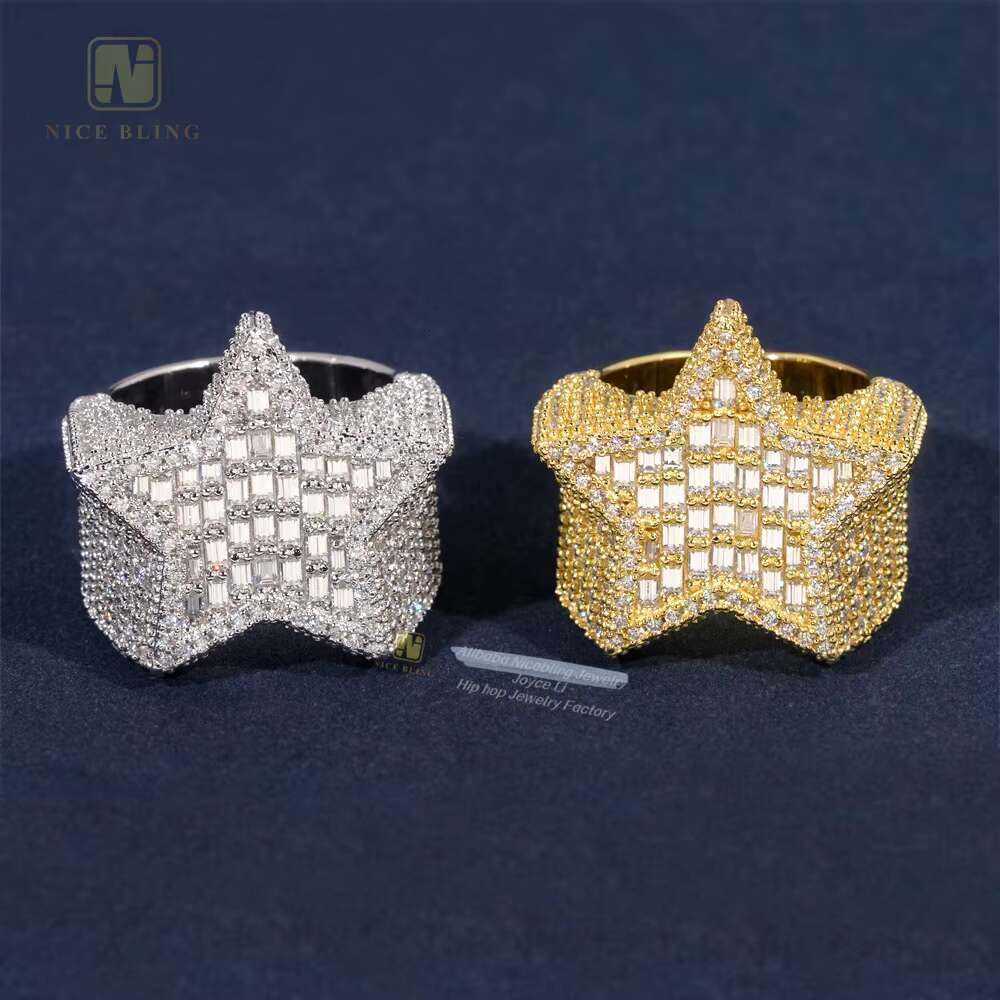 New Arrival Moissanite Hip Hop Men Ring Sterling Silver 925 Gold Plated Iced Out Baguette Moissanite Star Ring for Men