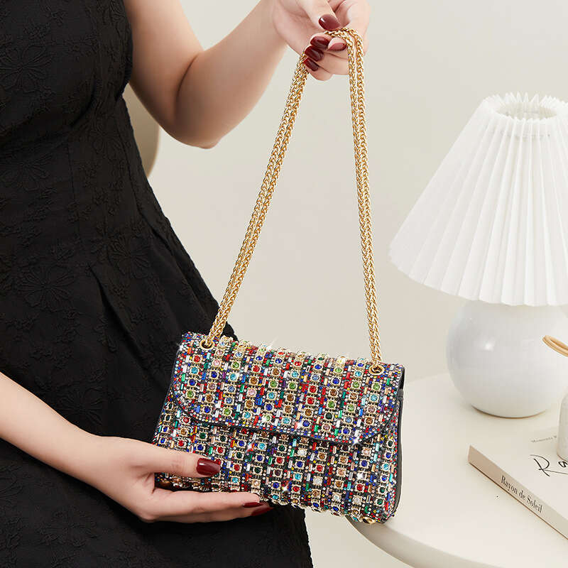 New Style Diamond-Encrusted Shiny Women's Evening Fashion Versatile Chain Crossbody Small Square Underarm Bag