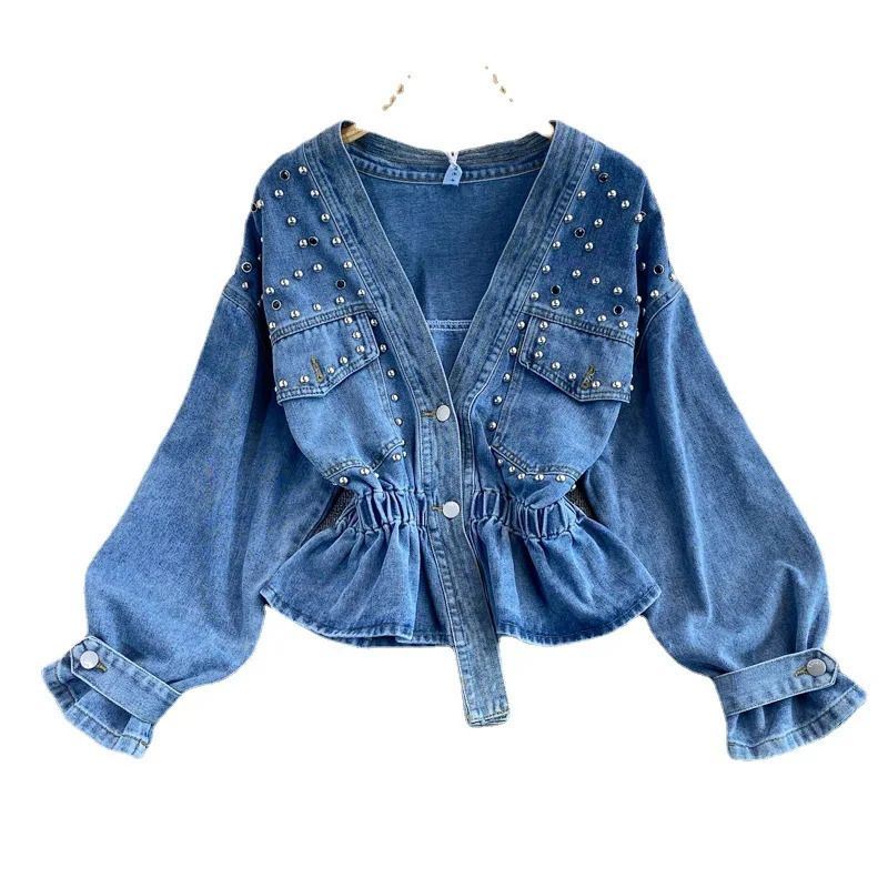 Denim Coat Women Y2k Tops Coats Jeans V Neck Short Top Casual High Waist Single Breasted Elegant Blouse Splice Autumn Spring 250527