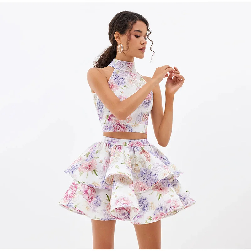 Two Piece Dress Autumn Winter Skirt Printed Stand Neck Hanging Backless Strap Top Puffy Skirt Woman Set Elegant Sleeveless Tops Layered Pleated Skirts
