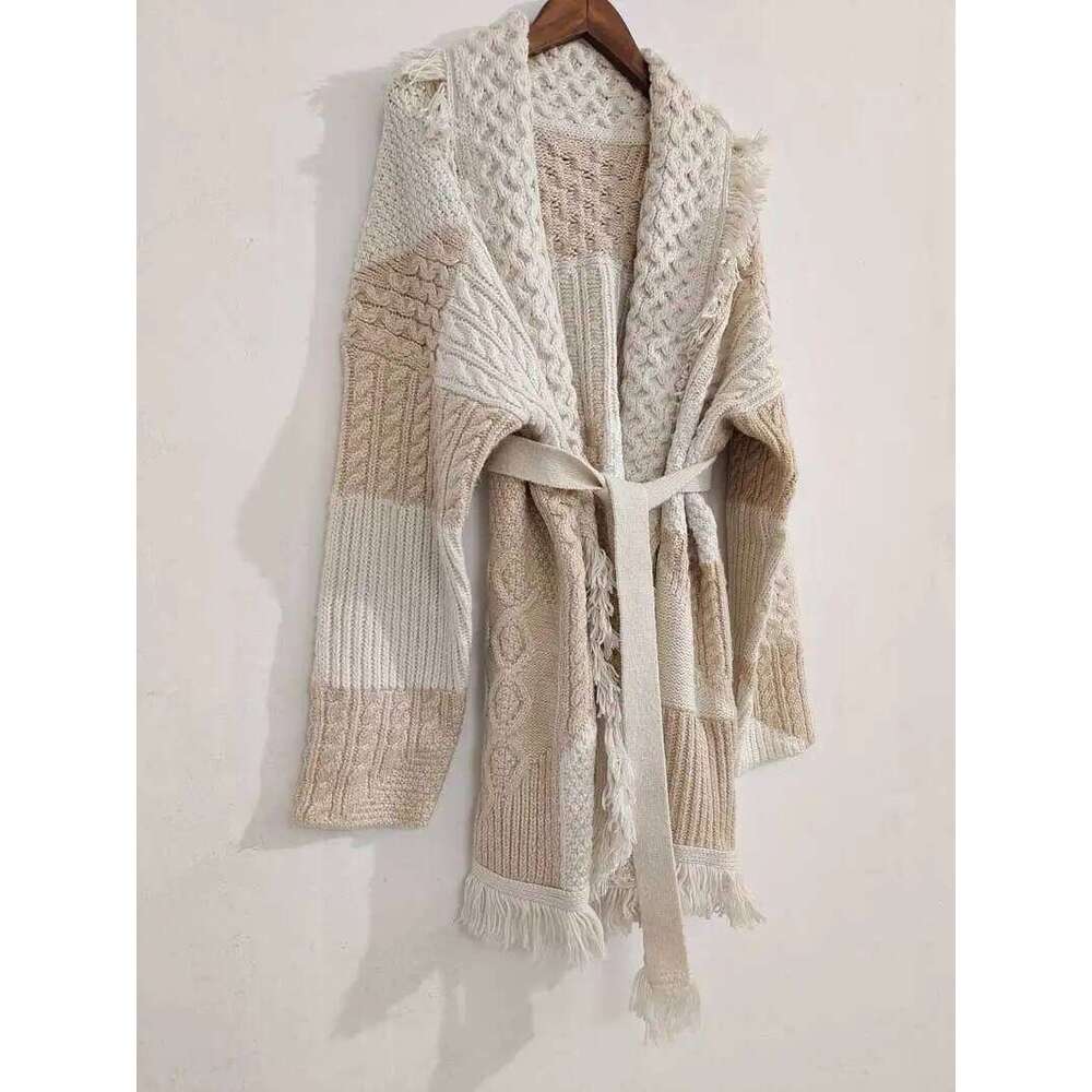 Boho Inspired Autumn Winter Jacket Women Lapel Tassel Jacquard Sleeve Cardigan Bohemian Retro Long Cardigan Tops