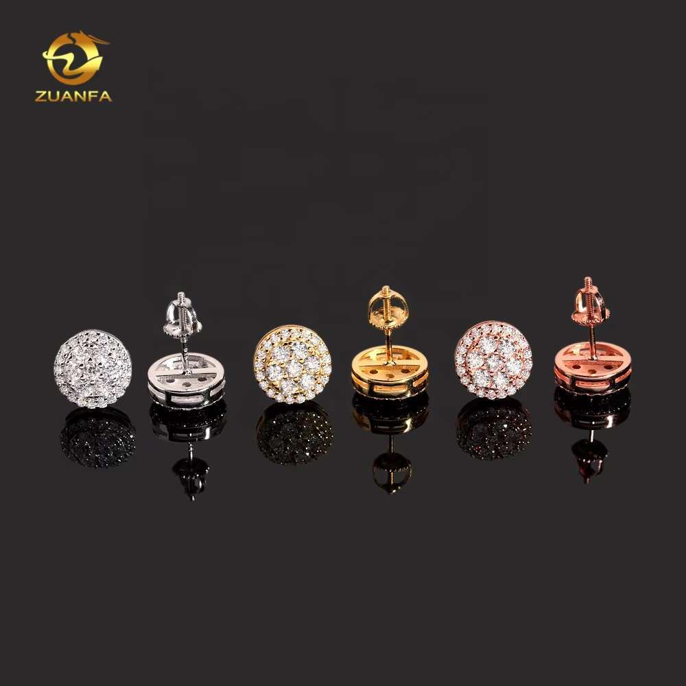 Fine Jewelry Fashion Hip Hop Round Iced Out Stud Moissanite Diamond Mens 925 Silver Earrings