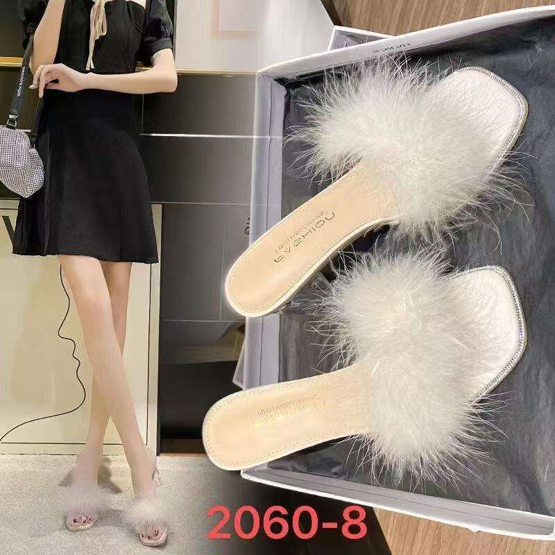 Fairy Style Outdoor Furry Sandals for Women Summer 2025 New One-Strap Crystal Chunky Heel French High Heels 2060-8