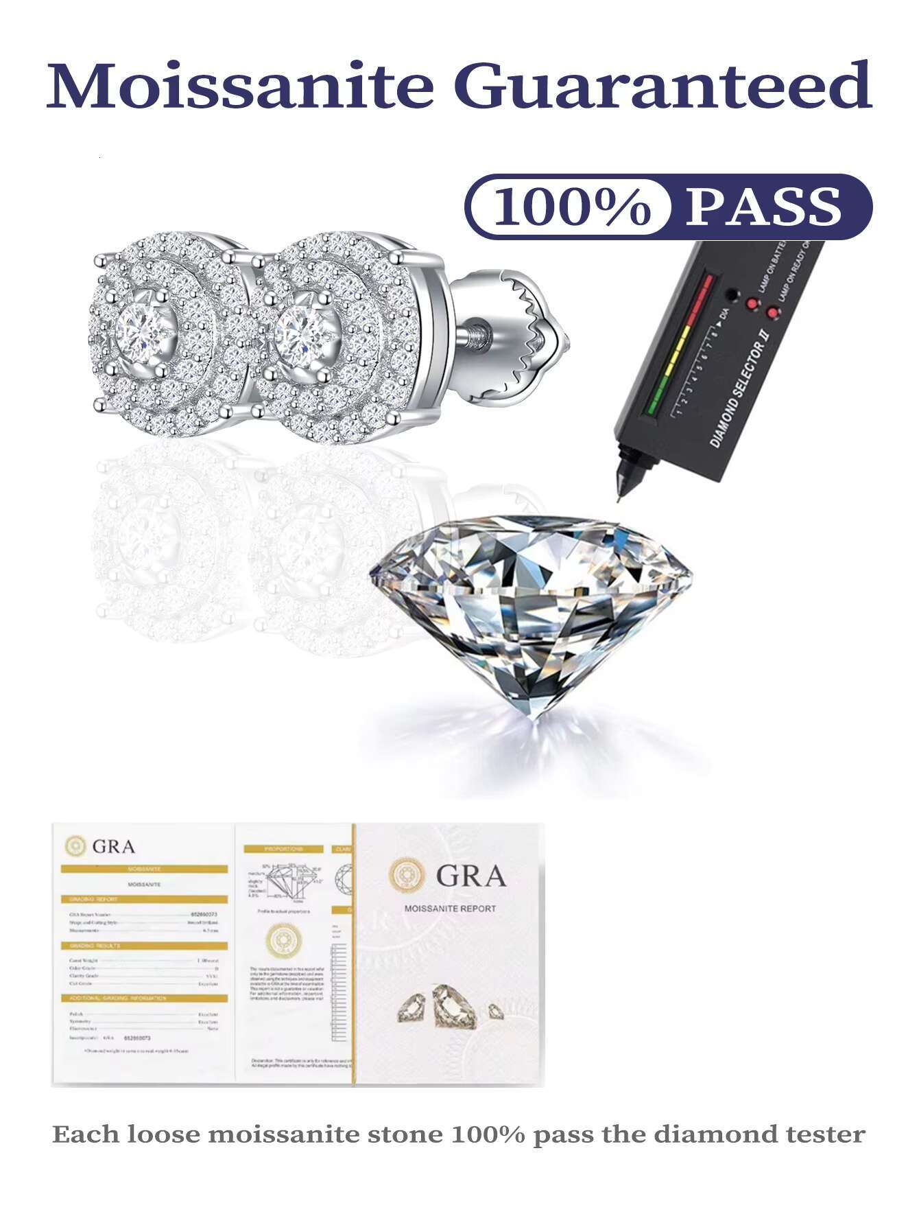 Hip Hop Jewelry Earring for Men Rhodium Plated 925 Sterling Sliver Round Flower-Style Moissanite Stud Earrings for Party Gift