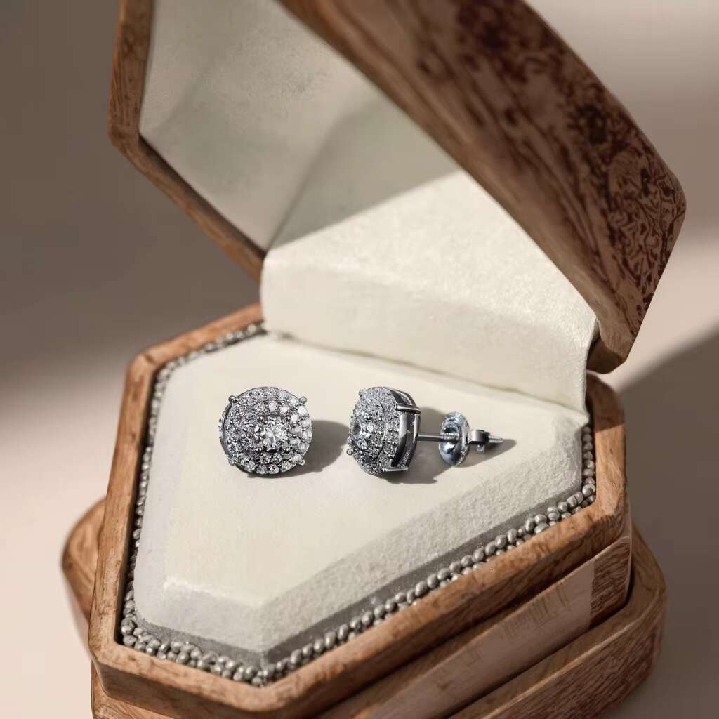 Hip Hop Jewelry Earring for Men Rhodium Plated 925 Sterling Sliver Round Flower-Style Moissanite Stud Earrings for Party Gift