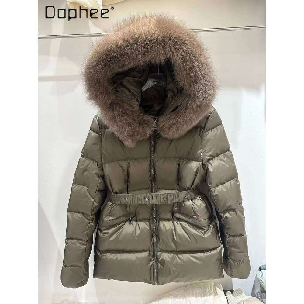 Big Fur Collar Hooded Down Jacket Women's Short Winter New European Fashion Temperament Solid Color Belt Slim Fit Thickened Coat High quality, fa