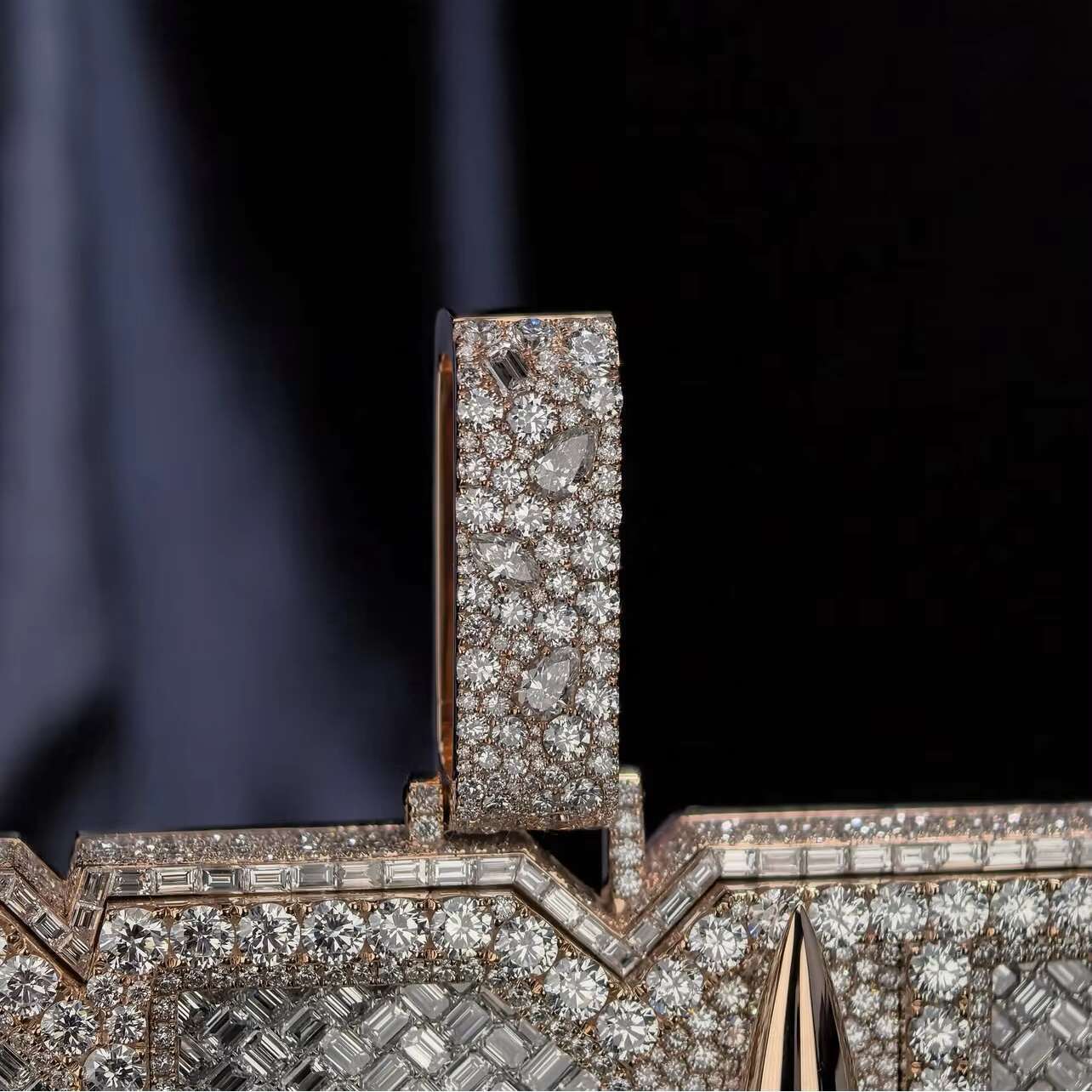 Baguette Mix Round Cut Custom Made 3 Letters Mosaic Setting Rose Gold Plated Moissanite Vertical Name Pendant