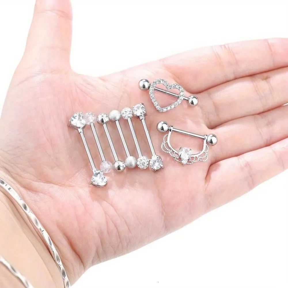 Bobisty 1pc 14G Nipple Rings 316L Steel Heart CZ Tongue Barbell Body Piercing Ring 250526