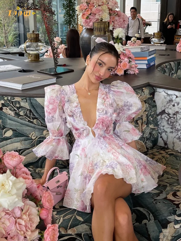 Basic Casual Dresses Flower Printed Short Puff Sleeve Mini Dress Women V Neck Beach Holiday Summer Short Vestido 2025 Seaside A-line Sexy Casual Gown