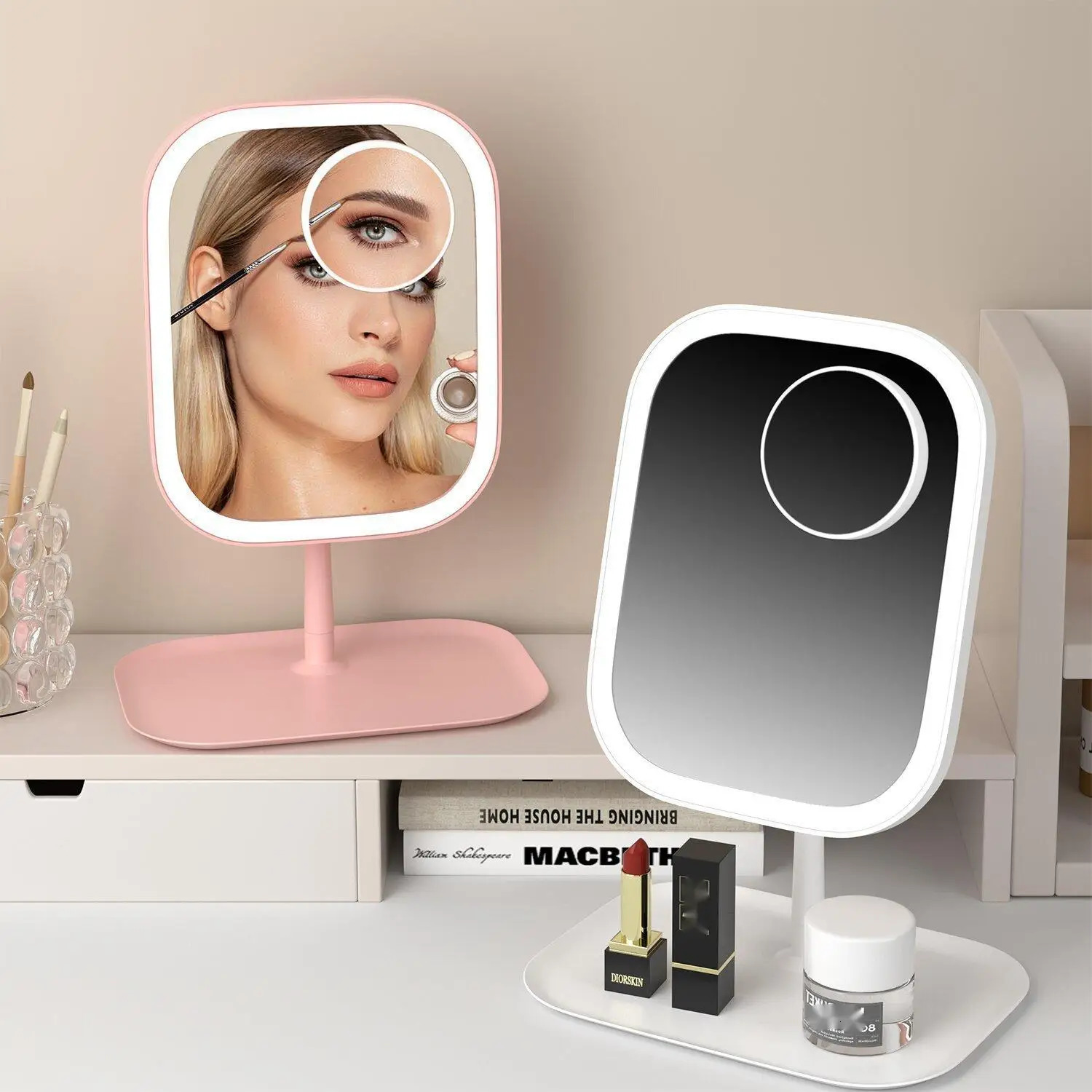 Rechargeable Lighting Makeup Mirror Portable LED Makeup Mirror Dimmable Magnifier Touch Control Storage Makeup Mirror 250530