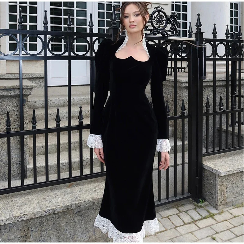 Casual Dresses Spring Vintage Square Collar Puff Sleeve Women Dress Patchwork Slim Pleated Lady Maxi Dresses 2025 Elegant Spring Vintage Female Vestid
