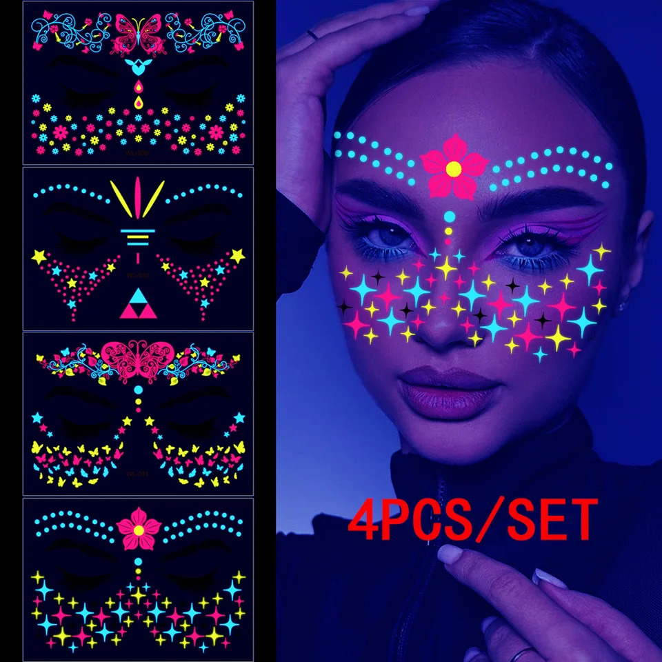 481224Pcs Fluorescent Face Stickers Flower Waterproof Glowing Temporary Tattoo Sticker For PartyMusic Festival Face Decals * 250530