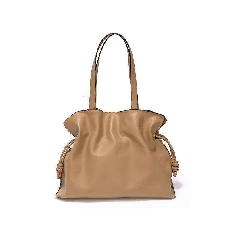 Small Leather Female Fold Shoulder Draw Rope Tote Simple New Korean Fashion Cowhide Big Ziplock Bag