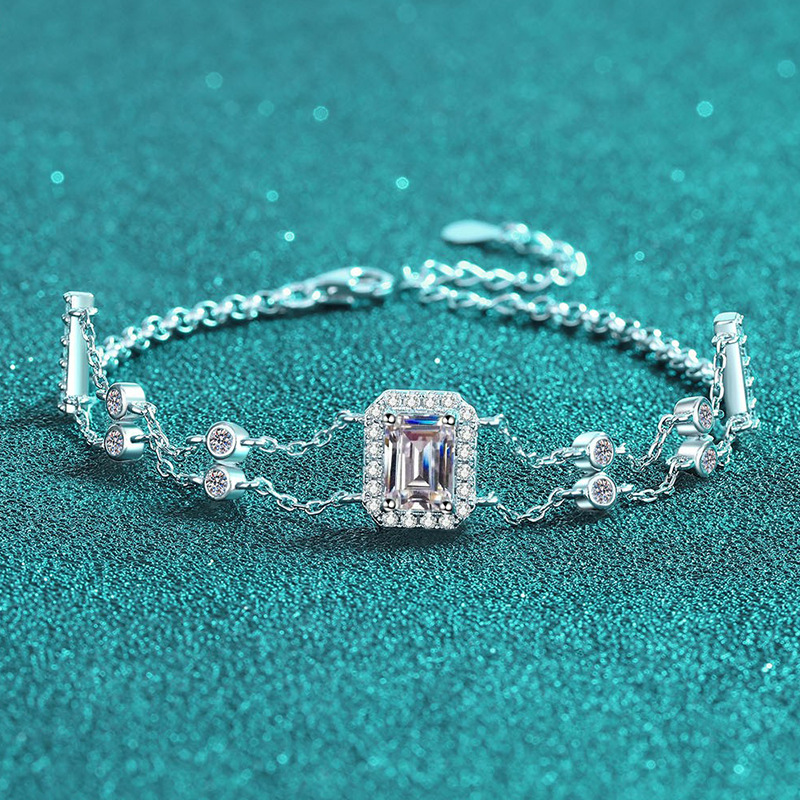 925 Sterling Silver Emerald Cut Moissanite Bracelet for Women with Double Chains, Blue or Clear Center Stone, Adjustable Minimalist Luxury Jewelry
