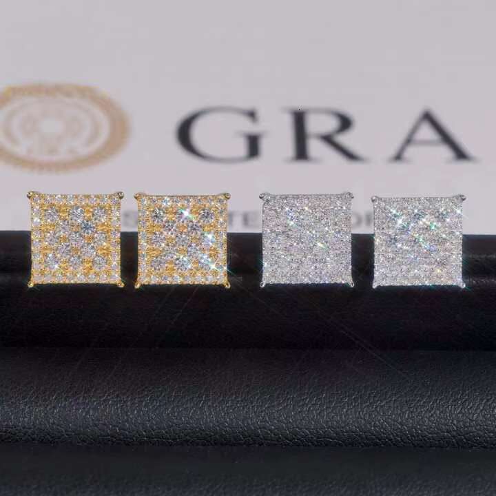 Luxury Custom Iced Out Hiphop Moissanite Square Earrings 925 Sterling Silver Hip Hop Style with Cluster Halo Design