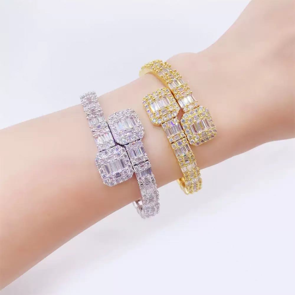 Iced Out Moissanite Bracelet Cuff Sterling Sier Baguette Moissnaite Bracelets