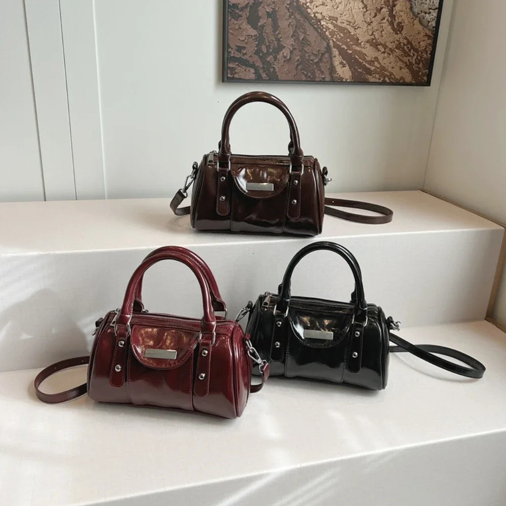 Bright PU Leather Pure Color Shoulder Crossbody Bags Latest Handbag Burgundy Mini Top-handle Bags For Women 250530