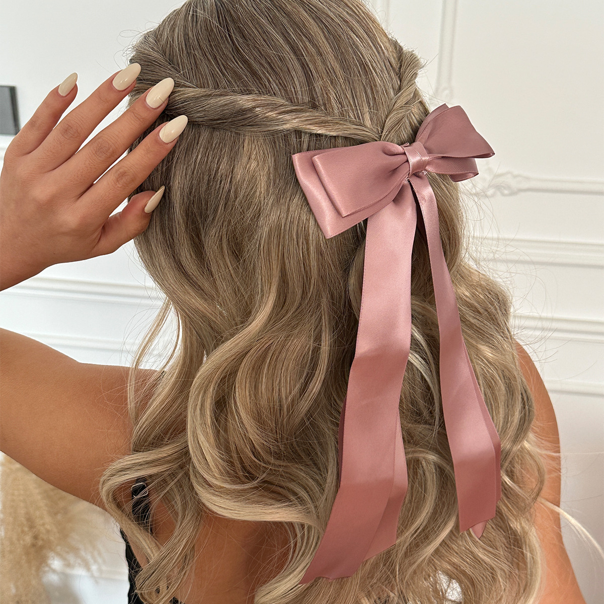 European American Best Selling Large Double Layered Satin Bow Hair Clip Solid Color Long Ribbon Back of Head Barrette