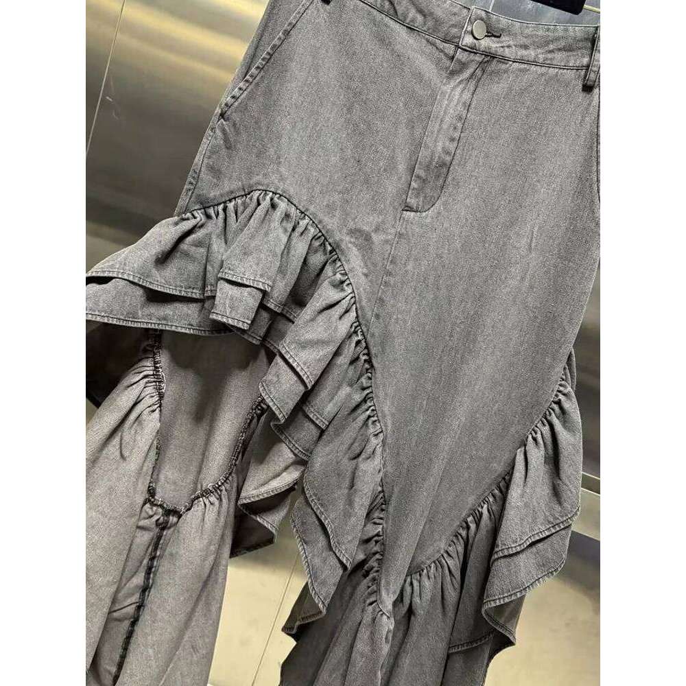 VGH Patchwork Pockets Denim Skirts For Women High Waist Solid Minimalist Loose Irregular Hem Skirt Female Clothing Fashion New