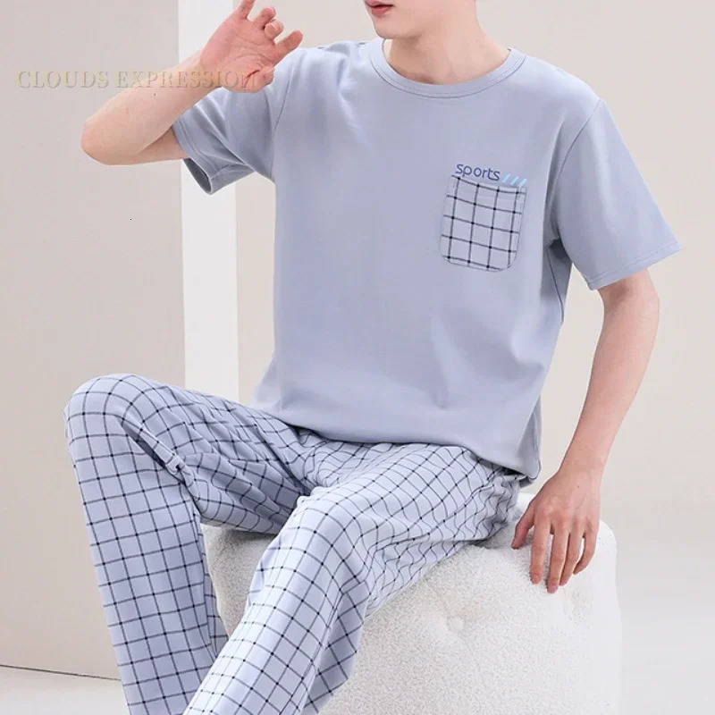 Summer Elegant Men Pyjamas Knited Plaid Pajamas Set Long Pants Sleepwear Night Suits Pijamas Plus Size 5XL Homewear PJ 250526