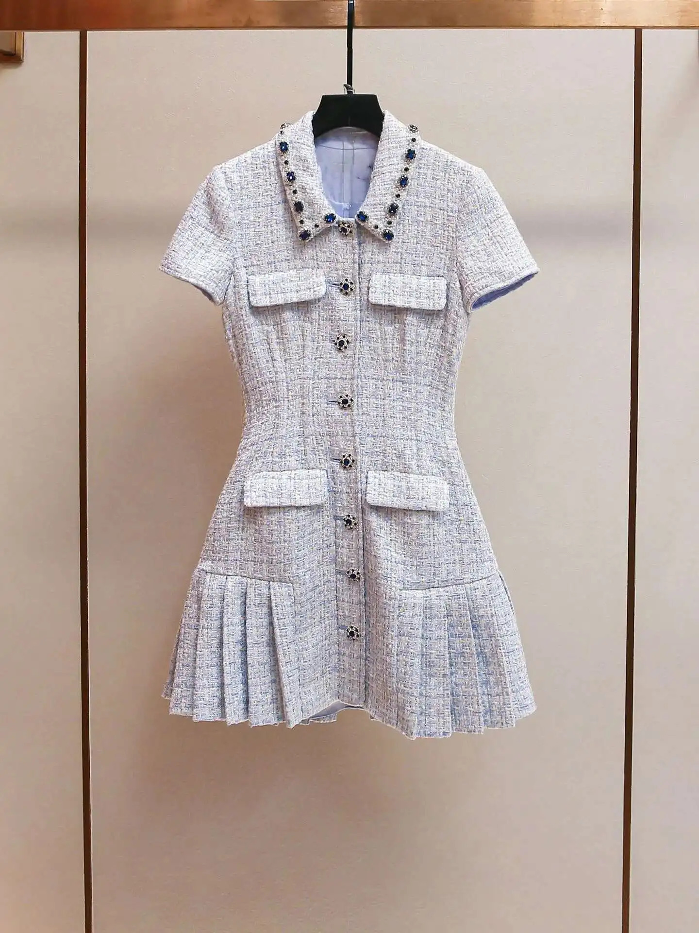 Summer Autumn Crystal Tweed Short Dress Shirt Women Sleeveless Beaded Diamonds Single Breasted Evening Party Dresses Lady 250529