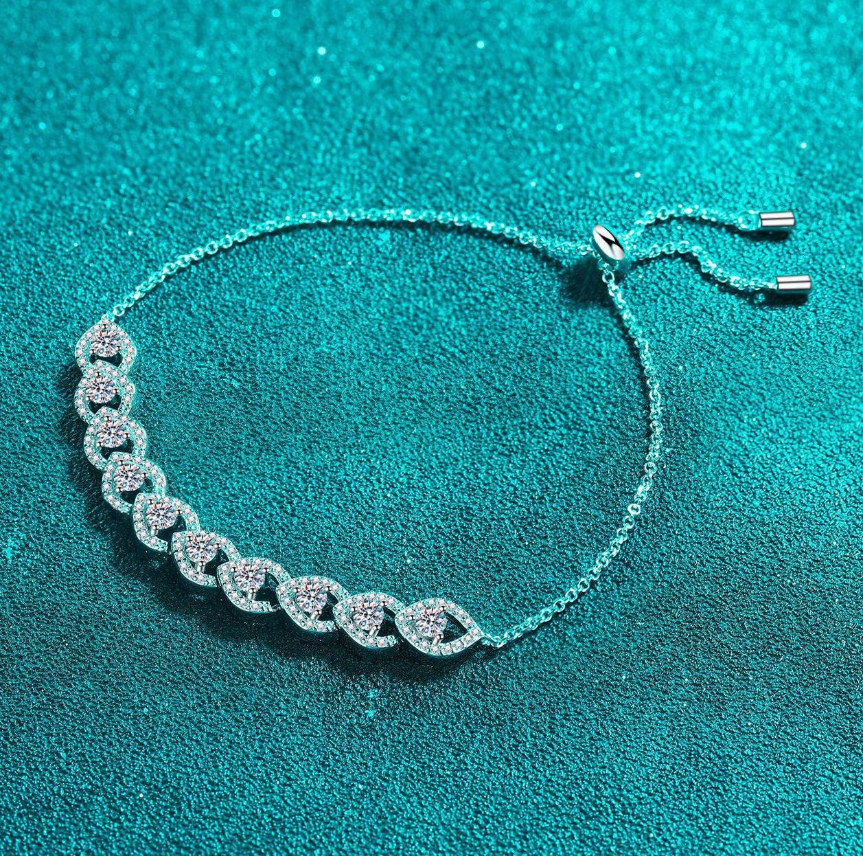 925 Sterling Silver Adjustable Heart Design Bracelet, Platinum Plated, Luxury CZ Crystal, Dainty and Elegant Jewelry for Women