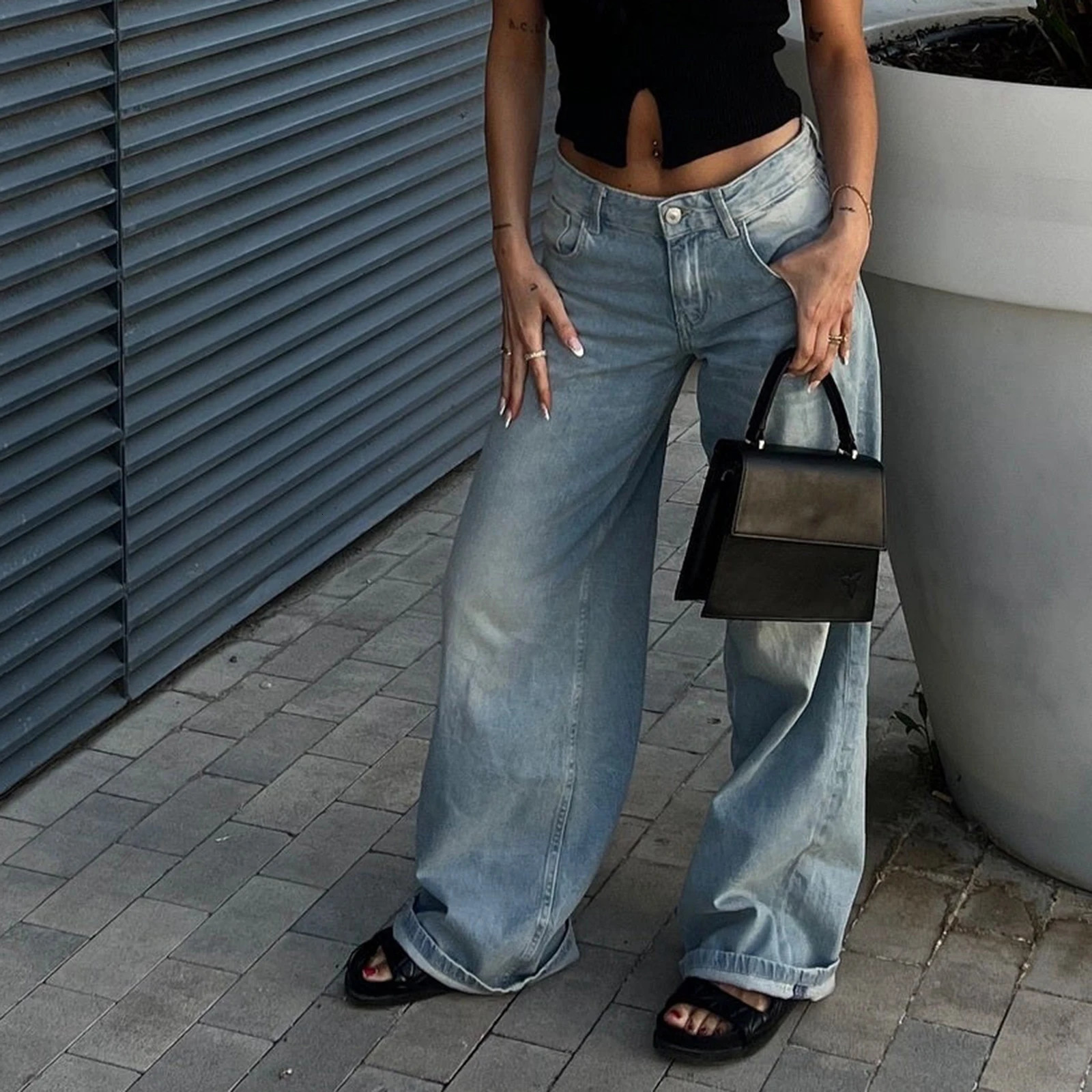 Combhasaki Womens Y2K Vintage Tie-dye Color Baggy Jeans Textured Loose Fit Button Low Waist Denim Long Pants Casual Trousers 250527