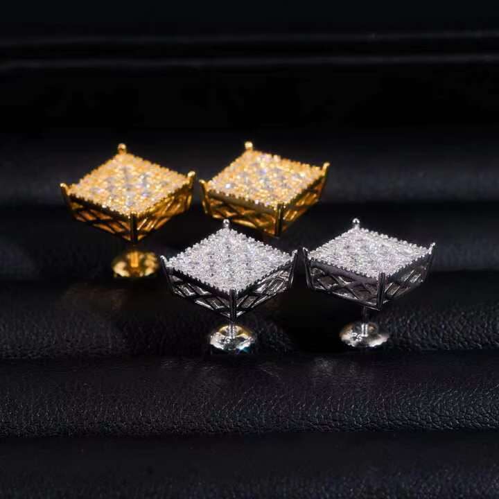 Luxury Custom Iced Out Hiphop Moissanite Square Earrings 925 Sterling Silver Hip Hop Style with Cluster Halo Design