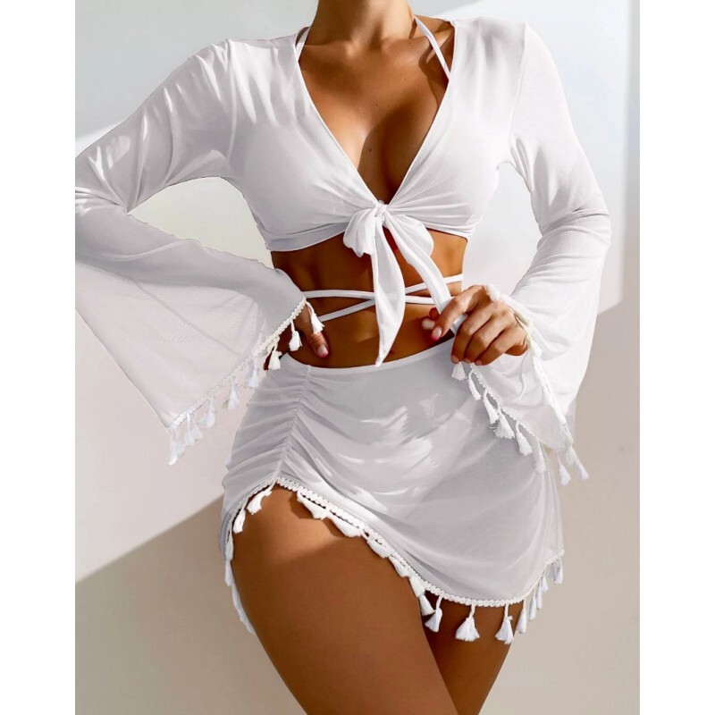 Free Shipping 2025 New Designer Shoes 2025 New Conservative Four Piece Solid Color Tassel Hoodie, Mesh Skirt, Bikini Swimsuit For Women