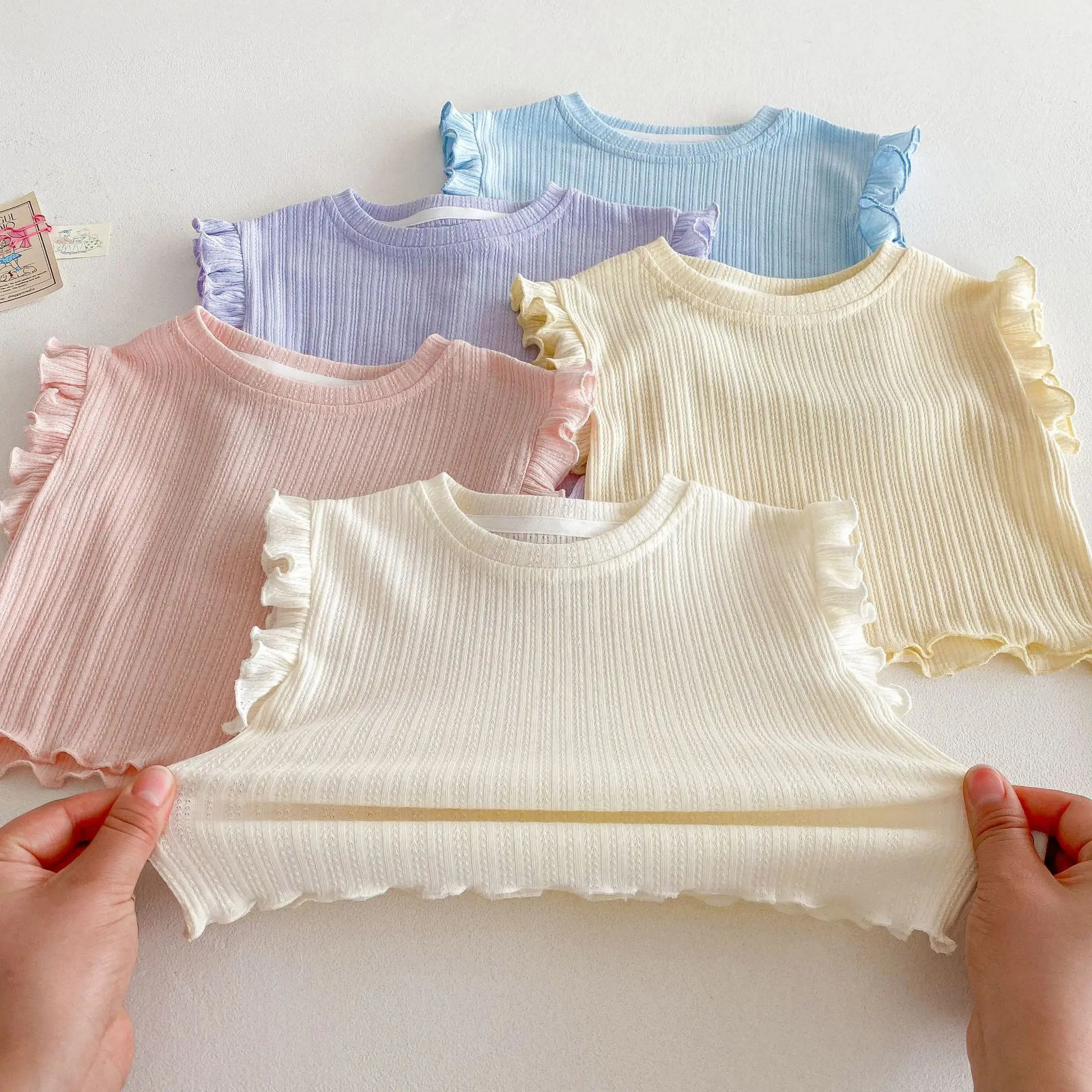 Girls Sleeveless Tees Sets Kids Solid Color Ruffled Vest Shorts 2pcs Suit Summer Baby Outfits Childrens Clothing 250527