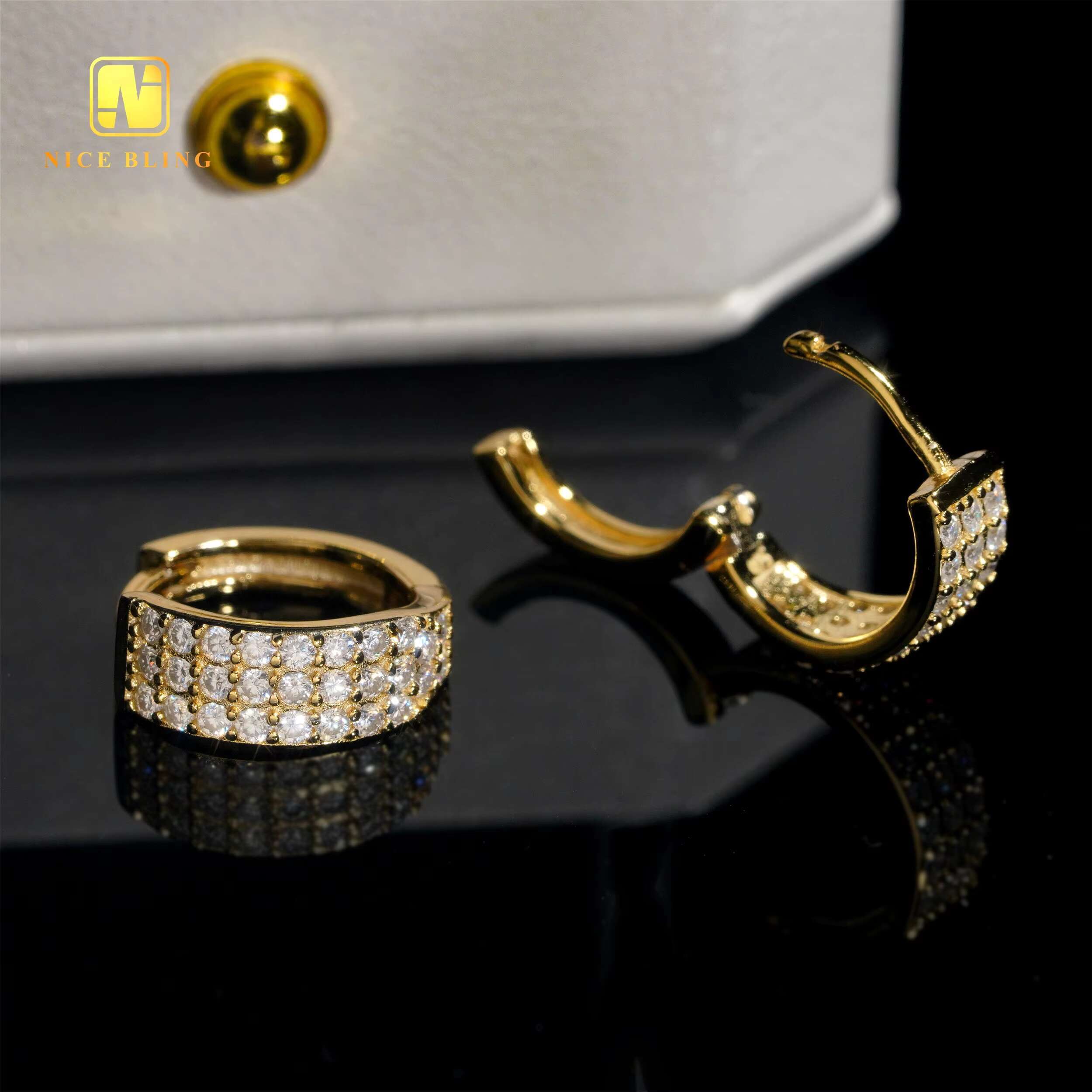 18K Gold Plated Moissanite Earrings Hip Hop Fashion Jewelry 925 Silver 3 Rows Lab Diamond Hoop Earrings for Men Women