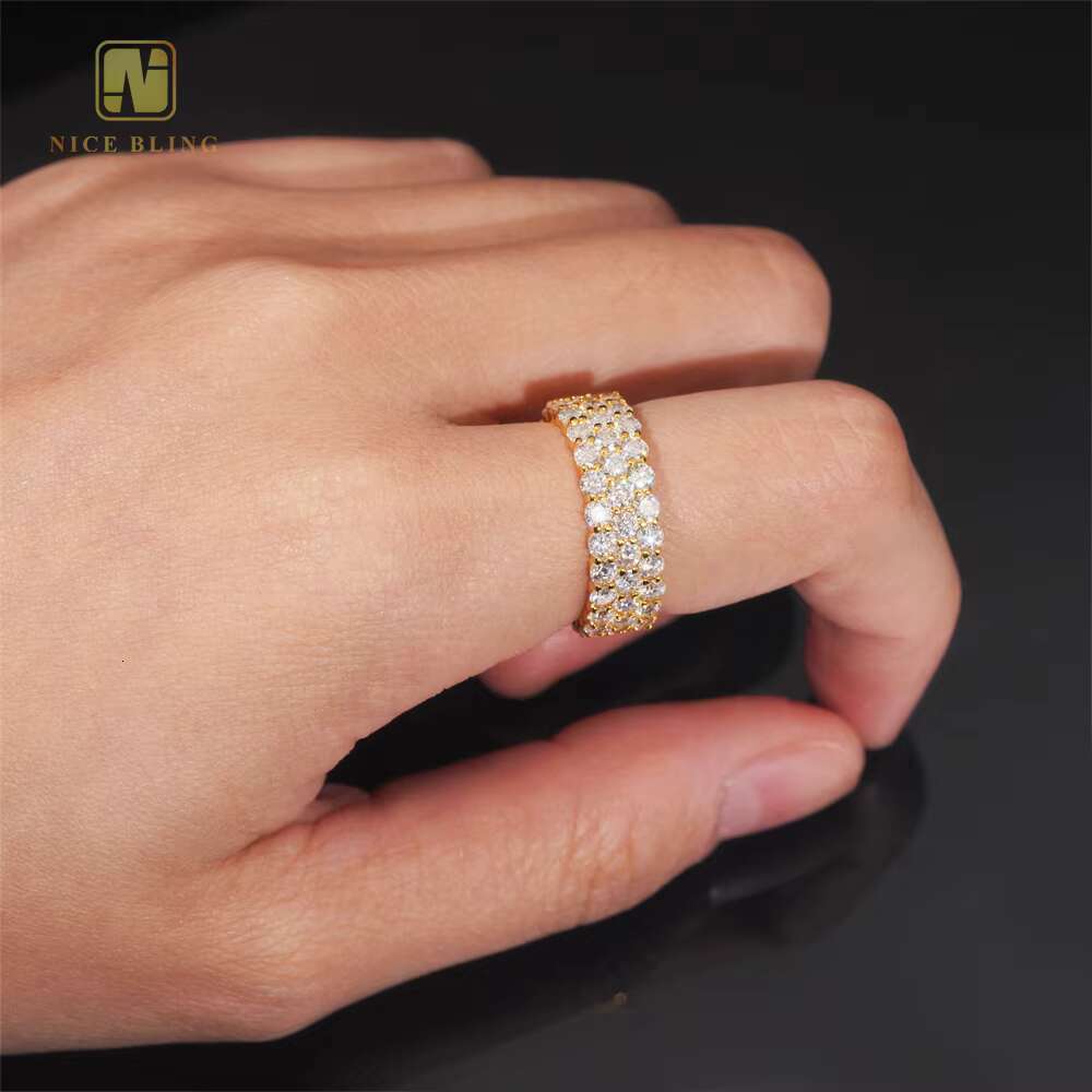 GRA Certificate 925 Sterling Silver Gold Plated Hip Hop Jewelry New Style 3row Stone VVS Diamond Moissanite Hip Hop Ring