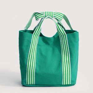 designer New Fashion Versatile Trendy Striped Bow Canvas Bag Retro Canvas Korean Style Women's Handbag Dark Style Tote Bag