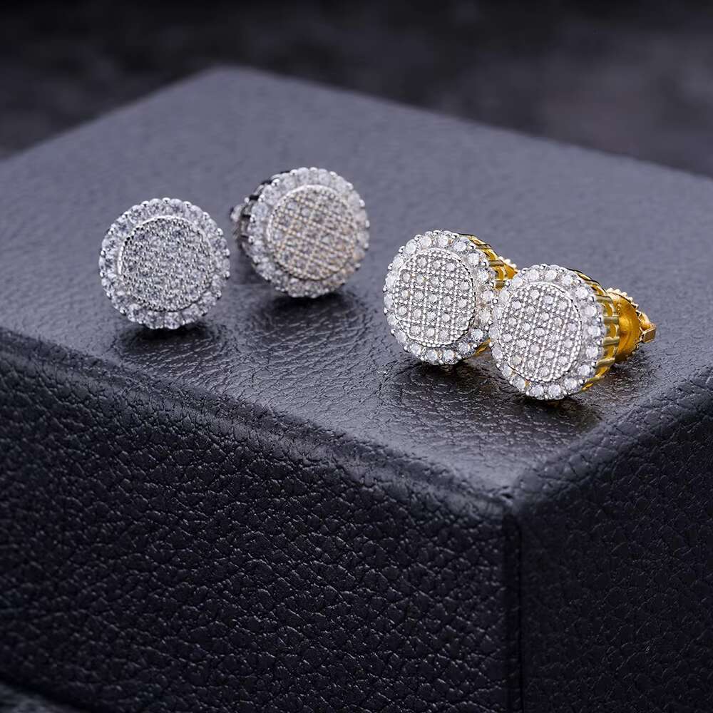 Fine Hip Hop Jewelry Iced Out Vvs Moissanite Gold White Gold Plated 925 Sterling Silver Round Stud Earrings for Men