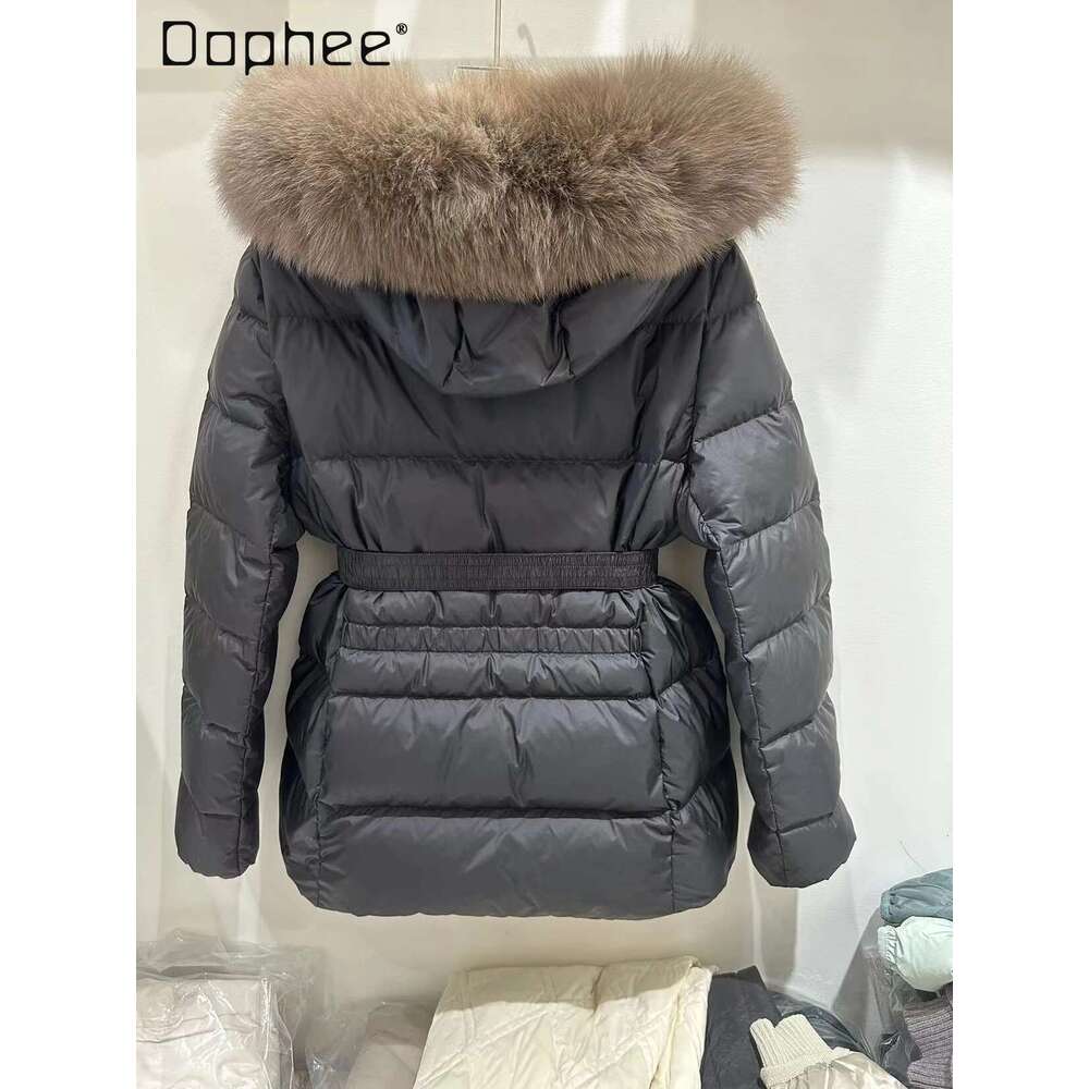 Big Fur Collar Hooded Down Jacket Women's Short Winter New European Fashion Temperament Solid Color Belt Slim Fit Thickened Coat High quality, fa
