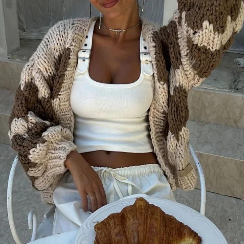 Stylish Patchwork Striped Knit Cardigans for Women Autumn Fashion Long Sleeve Open Front Sweaters Coats Streetwear Outwear 250530