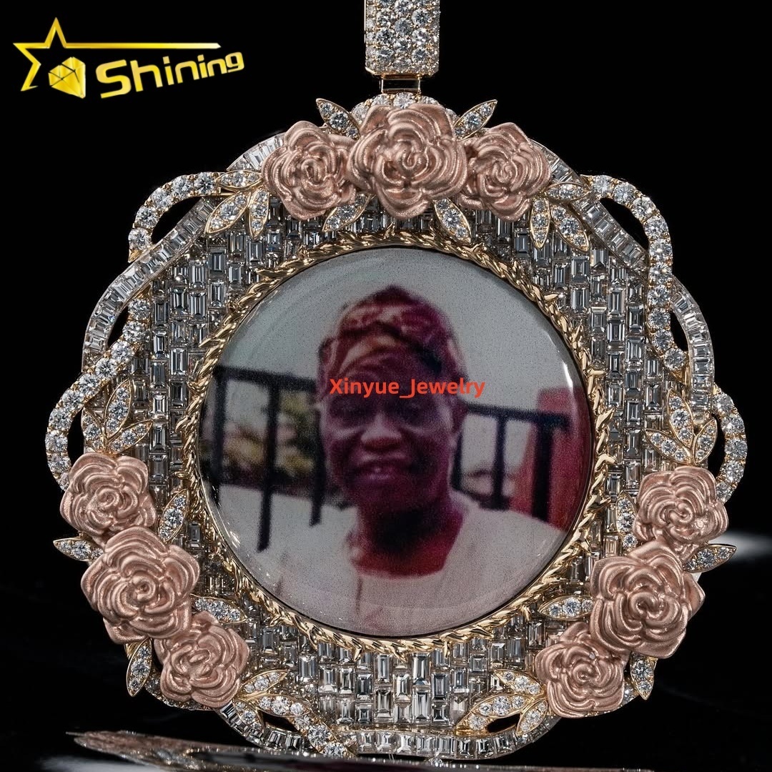 2.5inch Width Iced Out VVS Moissanite Diamond Memory Photo Pendant Match 13MM Cuban Link Chain Necklace