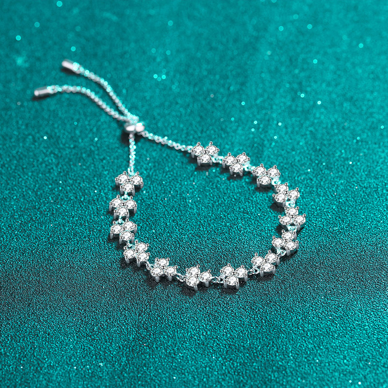 925 Sterling Silver Lucky Clover Moissanite Adjustable Bracelet with PT950 Platinum Plating for Women - Wholesale Jewelry